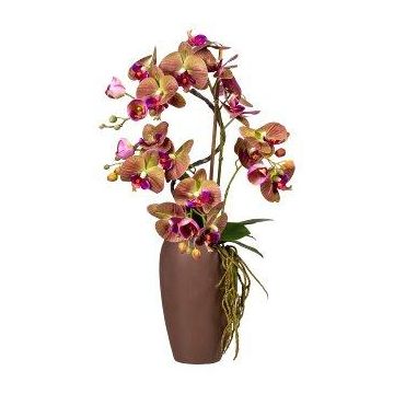 Artificial arrangement of orchid and corkscrew willow RASTIA, ceramic vase, roots, fuchsia-green, 28"/70cm