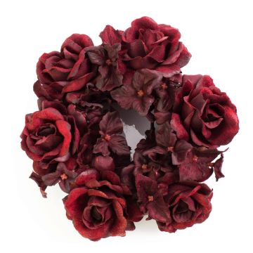 Fake candle wreath INGA, rose, hydrangea, dark red, Ø5.9"/15cm