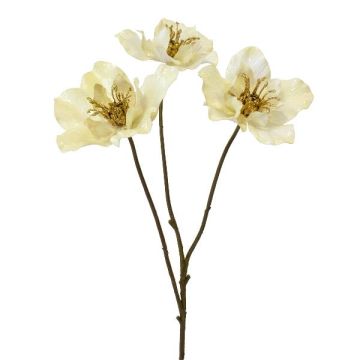 Artificial Christmas rose branch FLOMKE, metallic cream, 22"/55cm