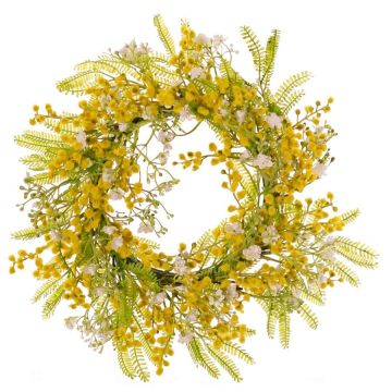 Artificial flower wreath with mimosa and gypsophila, MAFARA, yellow-white, Ø35cm