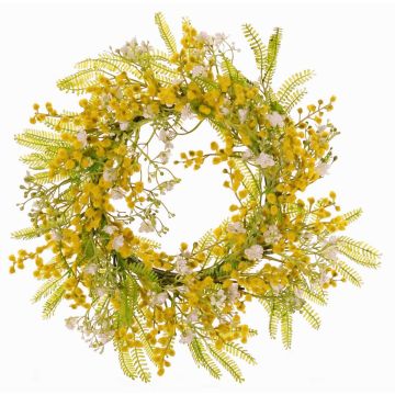 Artificial flower wreath with mimosa and gypsophila, MAFARA, yellow-white, Ø14"/35cm Artificial flower wreath with mimosa and gypsophila, MAFARA, yellow-white, Ø14"/35cm