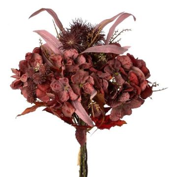 Artificial bouquet of hydrangea and globe thistle FISMA, burgundy red, 18"/45cm Artificial bouquet of hydrangea and globe thistle FISMA, burgundy red, 18"/45cm