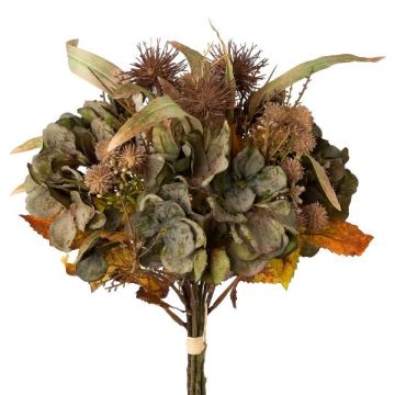 Artificial bouquet of hydrangea and globe thistle FISMA, green-brown, 18"/45cm Artificial bouquet of hydrangea and globe thistle FISMA, green-brown, 18"/45cm