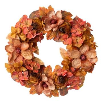Decorative wreath of magnolia, cabbage rose and hydrangea ZOBLI, orange-brown, Ø16"/40cm Decorative wreath of magnolia, cabbage rose and hydrangea ZOBLI, orange-brown, Ø16"/40cm