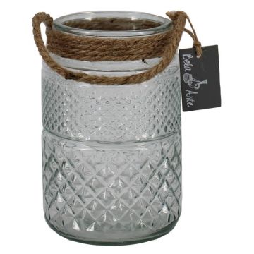 OPALUS candle jar with rope, diamond pattern, clear, 19 cm, Ø12 cm