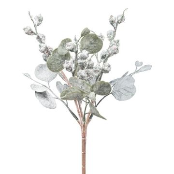 Artificial eucalyptus plant ZORHEN, stake, fruits, frosted, green-grey, 11"/28cm