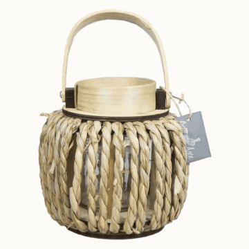 LUCELIA decorative wooden lantern with tea light holder, handle, woven, beige, 18 cm, Ø18 cm