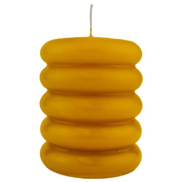 Block candle MONISHA with horizontal grooves, ochre yellow, 4.3"/11cm, Ø3.5"/9cm, 69h - Made in Germany