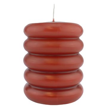 Block candle MONISHA with horizontal grooves, antique red, 4.3"/11cm, Ø3.5"/9cm, 69h - Made in Germany