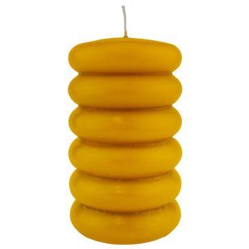 Block candle MONISHA with horizontal grooves, ochre yellow, 6"/15cm, Ø3.5"/9cm, 69h - Made in Germany