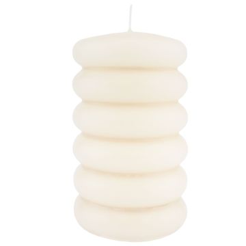 Block candle MONISHA with horizontal grooves, cream, 6"/15cm, Ø3.5"/9cm, 69h - Made in Germany