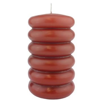Block candle MONISHA with horizontal grooves, antique red, 6"/15cm, Ø3.5"/9cm, 69h - Made in Germany