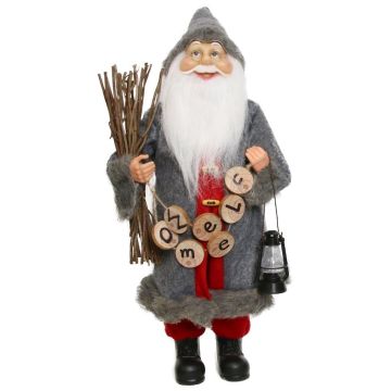 Father Christmas figurine ULRICH, bundle of brushwood, lantern, chain avec the inscription "welcome", grey-red, 22x14x45cm Father Christmas figurine ULRICH, bundle of brushwood, lantern, chain avec the inscription "welcome", grey-red, 22x14x45cm