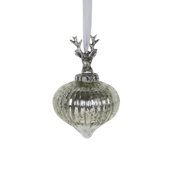 Glass Christmas bauble NUMI, Deer, Zwiebelform, silver, Ø10cm