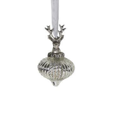 Glass Christmas bauble NUMI, Deer, Zwiebelform, silver, Ø8cm