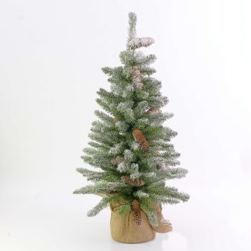 Artificial Christmas tree VIENNA, cones, jute bag, snow-covered, 24"/60cm, Ø 16"/40cm