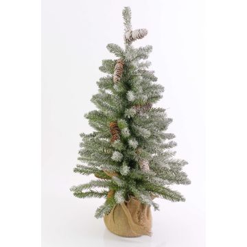 Artificial Christmas tree VIENNA, cones, jute bag, snow-covered, 3ft/90cm, Ø 20"/50cm