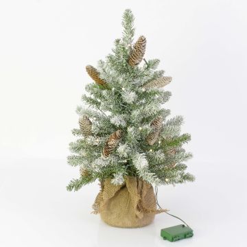 Artificial Christmas tree VIENNA, cones, jute bag, LEDs, snow-covered, 24"/60cm, Ø 16"/40cm