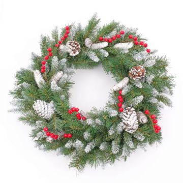 Fir wreath MARLIES with cones and berries, snow-covered, Ø22"/55cm, hardly inflammable, weather-resistant Fir wreath MARLIES with cones and berries, snow-covered, Ø22"/55cm, hardly inflammable, weather-resistant