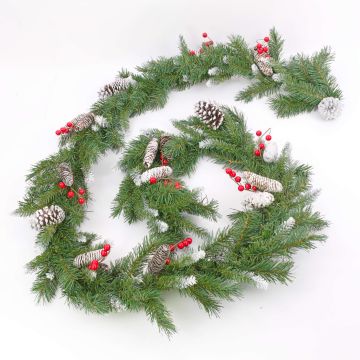 Fake Fir garland MARLIES, berries, snow-covered, UV-resistant, hardly inflammable, 9ft/285cm, Ø5.9"/15cm