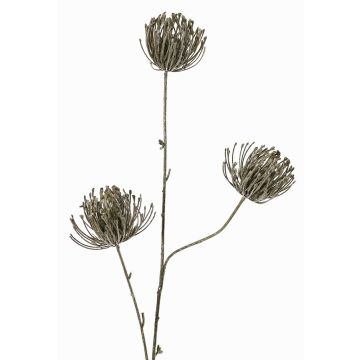 Artificial protea pin cushion branch KAPO with glitter, olive green, 33"/85cm, Ø3.1"/8cm