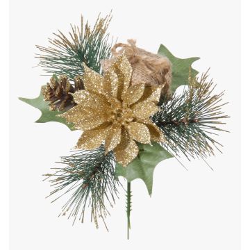 Decorative arrangement of poinsettia and pine HERMINA with gift, gold, 8"/21cm, Ø6.7"/17cm Decorative arrangement of poinsettia and pine HERMINA with gift, gold, 8"/21cm, Ø6.7"/17cm