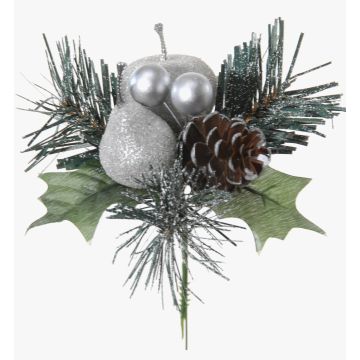 Artificial arrangement of apple, pear and pine HERMOSA with balls, spike, silver, 8"/20cm, Ø4.7"/12cm Artificial arrangement of apple, pear and pine HERMOSA with balls, spike, silver, 8"/20cm, Ø4.7"/12cm