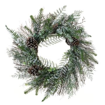 Artificial wreath of pine, eucayptus and fern TRISS with cones, frosted, green-white, Ø24"/60cm Artificial wreath of pine, eucayptus and fern TRISS with cones, frosted, green-white, Ø24"/60cm