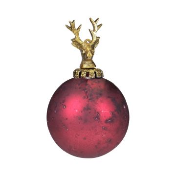 Glass Christmas bauble NUMI, deer, antique red, Ø3.9"/10cm