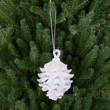 Tree ornament fir cone for hanging CATHARINA, acrylic, glitter, white-silver, 3.5"/9cm, Ø2.8"/7cm