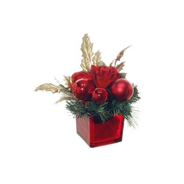 Artificial arrangement of rose, pine and holly HALANA with balls, decorative glass, red-gold, 5.1"/13cm, Ø 7.5"/19cm Artificial arrangement of rose, pine and holly HALANA with balls, decorative glass, red-gold, 5.1"/13cm, Ø 7.5"/19cm
