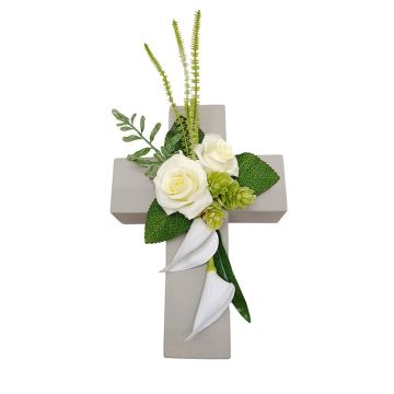 Artificial flower arrangement of rose, calla and hops LONNE, planter, white-green, 14"x7"x4"/35x18x10cm Artificial flower arrangement of rose, calla and hops LONNE, planter, white-green, 14"x7"x4"/35x18x10cm