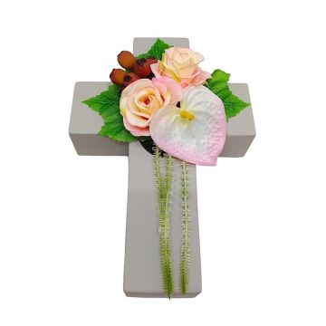 Artificial flower arrangement of rose, anthurium and rose hips NINNA, planting cross, pink-white-red, 12"x7"x4.3"/30x18x11cm Artificial flower arrangement of rose, anthurium and rose hips NINNA, planting cross, pink-white-red, 12"x7"x4.3"/30x18x11cm