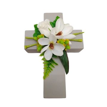 Artificial flower arrangement of magnolia, rose and St. John's wort TORVI, planting cross, white, 10"x7"x4"/26x18x10cm Artificial flower arrangement of magnolia, rose and St. John's wort TORVI, planting cross, white, 10"x7"x4"/26x18x10cm