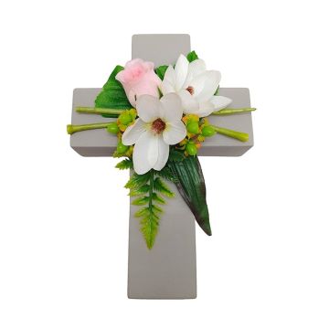 Artificial flower arrangement of magnolia, rose and St. John's wort TORVI, planting cross, white-pink, 10"x7"x4"/26x18x10cm Artificial flower arrangement of magnolia, rose and St. John's wort TORVI, planting cross, white-pink, 10"x7"x4"/26x18x10cm