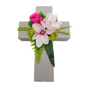 Artificial flower arrangement of magnolia, rose and St. John's wort TORVI, planting cross, pink-fuchsia, 10"x7"x4"/26x18x10cm Artificial flower arrangement of magnolia, rose and St. John's wort TORVI, planting cross, pink-fuchsia, 10"x7"x4"/26x18x10cm