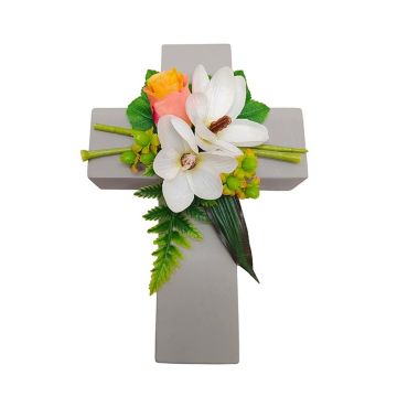Artificial flower arrangement of magnolia, rose and St. John's wort TORVI, planter cross, white-yellow-salmon, 10"x7"x4"/26x18x10cm Artificial flower arrangement of magnolia, rose and St. John's wort TORVI, planter cross, white-yellow-salmon, 10"x7"x4"/26x18x10cm