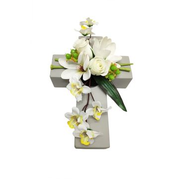 Artificial flower arrangement of magnolia, orchid and rose OVANA, planting cross, white, 11"x7"x4"/28x18x10cm Artificial flower arrangement of magnolia, orchid and rose OVANA, planting cross, white, 11"x7"x4"/28x18x10cm