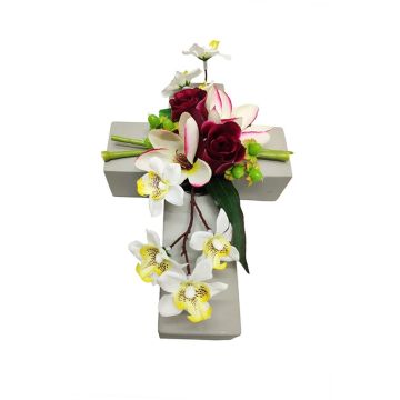 Artificial flower arrangement of magnolia, orchid and rose OVANA, planting cross, white-fuchsia, 11"x7"x4"/28x18x10cm Artificial flower arrangement of magnolia, orchid and rose OVANA, planting cross, white-fuchsia, 11"x7"x4"/28x18x10cm
