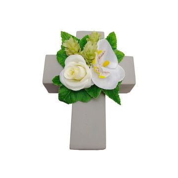 Artificial flower arrangement of rose, orchid and hops ARIADNA, planting cross, white, 8"x6"x3.5"/20x15x9cm Artificial flower arrangement of rose, orchid and hops ARIADNA, planting cross, white, 8"x6"x3.5"/20x15x9cm