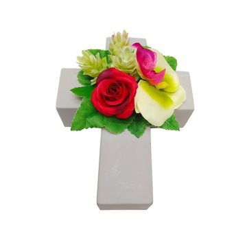 Artificial flower arrangement of rose, orchid and hops ARIADNA, planting cross, red-green-fuchsia, 8"x6"x3.5"/20x15x9cm Artificial flower arrangement of rose, orchid and hops ARIADNA, planting cross, red-green-fuchsia, 8"x6"x3.5"/20x15x9cm