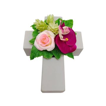 Artificial flower arrangement of rose, orchid and hops ARIADNA, planting cross, pink-fuchsia, 8"x6"x3.5"/20x15x9cm Artificial flower arrangement of rose, orchid and hops ARIADNA, planting cross, pink-fuchsia, 8"x6"x3.5"/20x15x9cm