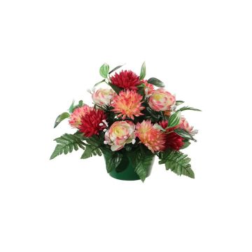 Artificial flower arrangement of ranunculus and China aster WIEBKE, decorative pot, pink-fuchsia-cream, 10"/26cm, Ø 12"/30cm