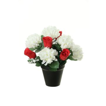 Artificial flower arrangement of chrysanthemum and rose YESHE, decorative pot, cream-red, 11"/28cm, Ø9"/22cm