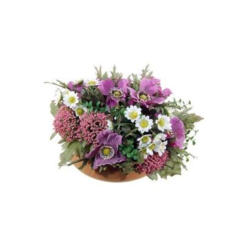 Artificial flower arrangement of anemone and astilbe IGNATIO on plate, violet-white, 6.7"/17cm, Ø 11"/28cm