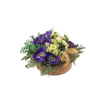 Artificial flower arrangement of anemone and astilbe IGNATIO on plate, purple-yellow, 6.7"/17cm, Ø 11"/28cm