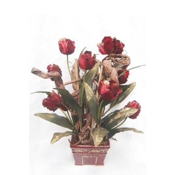 Decorative arrangement of tulips and corkscrew willow THARO, decorative pot, red-gold, 28"/70cm, Ø 16"/40cm