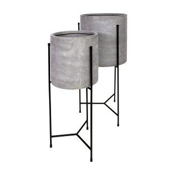 Round flower pot NARUKO with metal stand, 2 pieces, fibreglass, grey, 14"x30"/35x75cm, 18"x32"/45x82cm Round flower pot NARUKO with metal stand, 2 pieces, fibreglass, grey, 14"x30"/35x75cm, 18"x32"/45x82cm