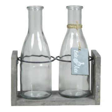 ANYA glass bottle, with wooden stand, 2 bottles, clear, 18x8x20cm