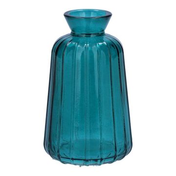 TATIANA decorative glass bottle with grooves, petrol blue-clear, 11 cm, Ø 6.5 cm